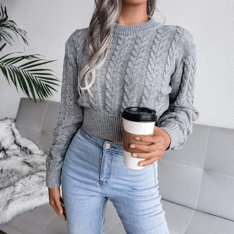 JUNBOON Women's Crewneck Long Sleeve Crop Sweater Twist Knitting Pullover Jumper Top - Image 2