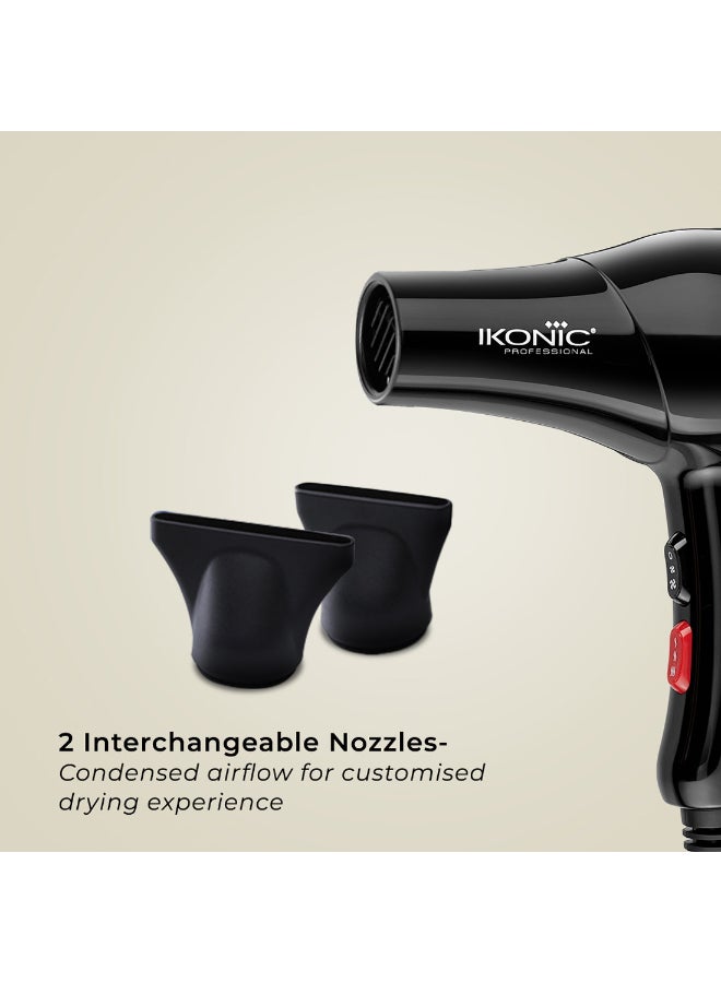Ikonic Blaze Professional Hair Dryer, Black, 1800W–2000W Powerful AC Motor, 3 Heat & 2 Speed Settings, Cool Shot, 2 Interchangeable Nozzles, Overheat Protection, Quick Drying, All Hair Type - Image 4