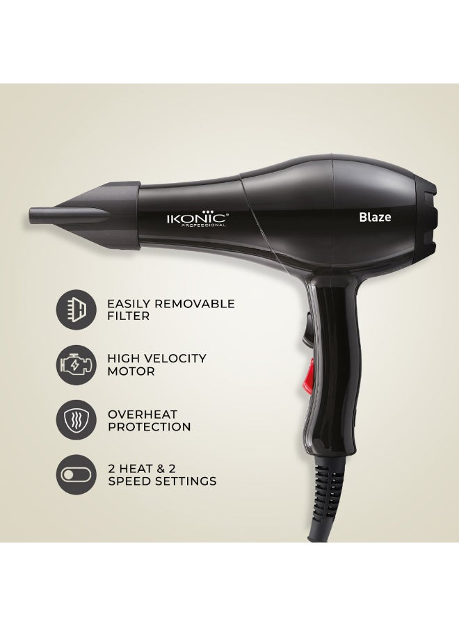 Ikonic Blaze Professional Hair Dryer, Black, 1800W–2000W Powerful AC Motor, 3 Heat & 2 Speed Settings, Cool Shot, 2 Interchangeable Nozzles, Overheat Protection, Quick Drying, All Hair Type - Image 2
