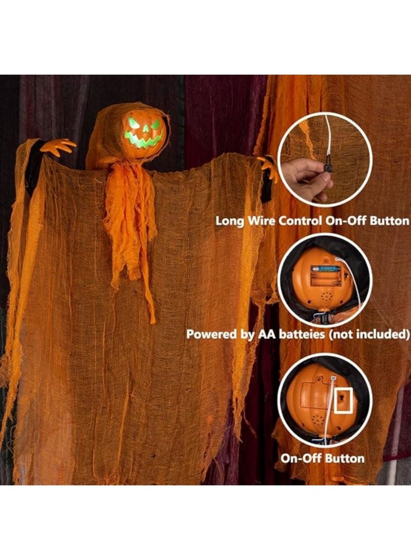 Halloween Hanging Pumpkin Ghost,48" Animated Pumpkin Ghost with Spooky Sound Glowing Eyes, Rotatable Head, Halloween Scary Props Decor for Haunted Party Indoor Outdoor Yard Decoration - Image 4