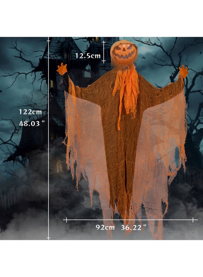 Halloween Hanging Pumpkin Ghost,48" Animated Pumpkin Ghost with Spooky Sound Glowing Eyes, Rotatable Head, Halloween Scary Props Decor for Haunted Party Indoor Outdoor Yard Decoration - Image 2