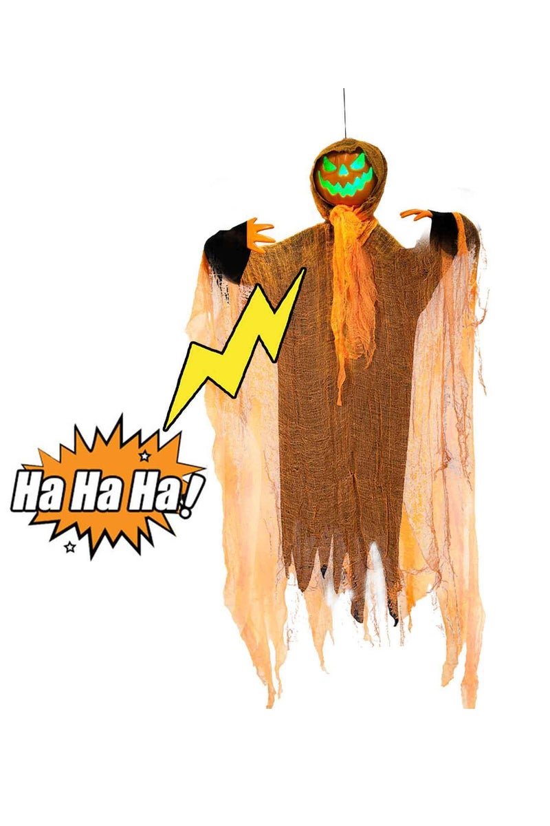 Halloween Hanging Pumpkin Ghost,48" Animated Pumpkin Ghost with Spooky Sound Glowing Eyes, Rotatable Head, Halloween Scary Props Decor for Haunted Party Indoor Outdoor Yard Decoration - Image 1