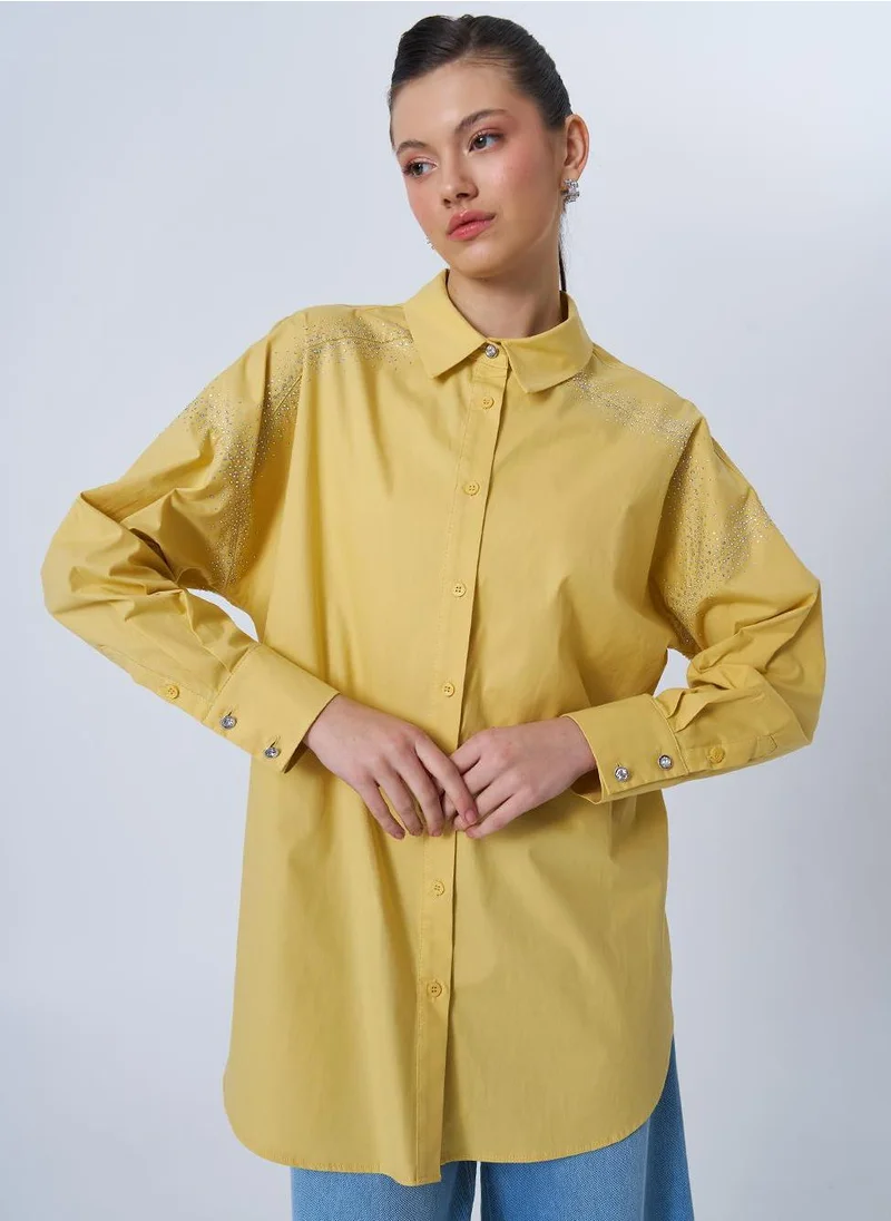 Kayra Wide Cuffed Hotfix Printed Tunic Yellow