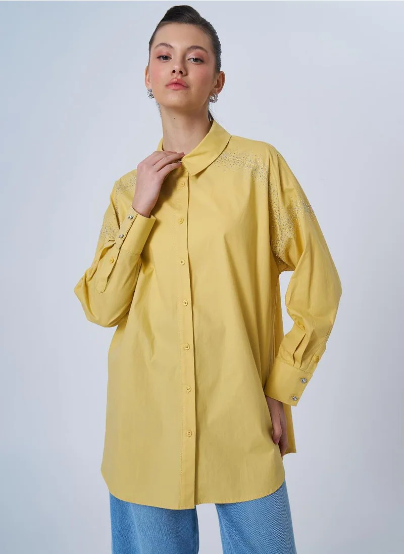 Kayra Wide Cuffed Hotfix Printed Tunic Yellow