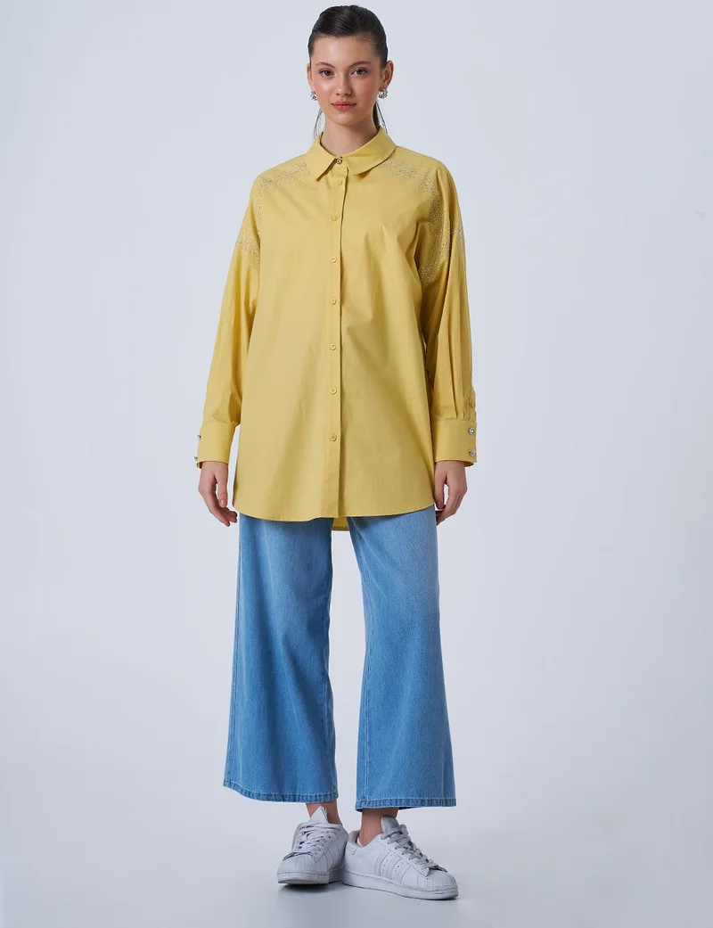 Kayra Wide Cuffed Hotfix Printed Tunic Yellow