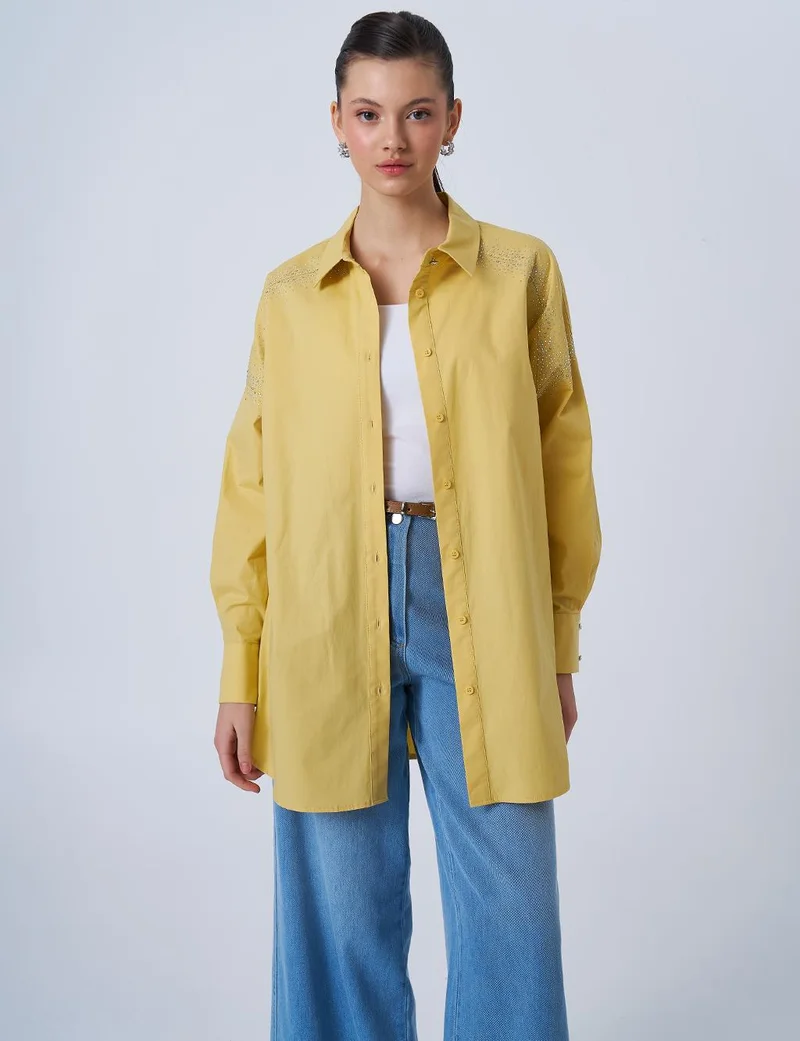 Kayra Wide Cuffed Hotfix Printed Tunic Yellow