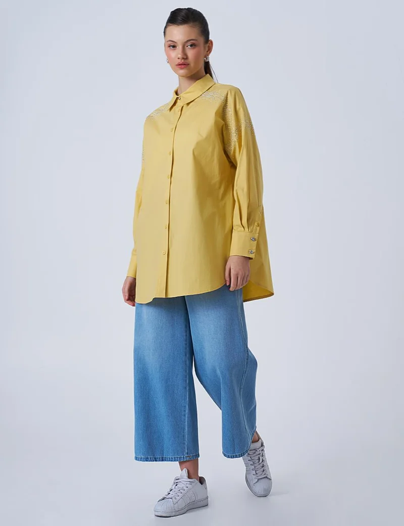 Kayra Wide Cuffed Hotfix Printed Tunic Yellow