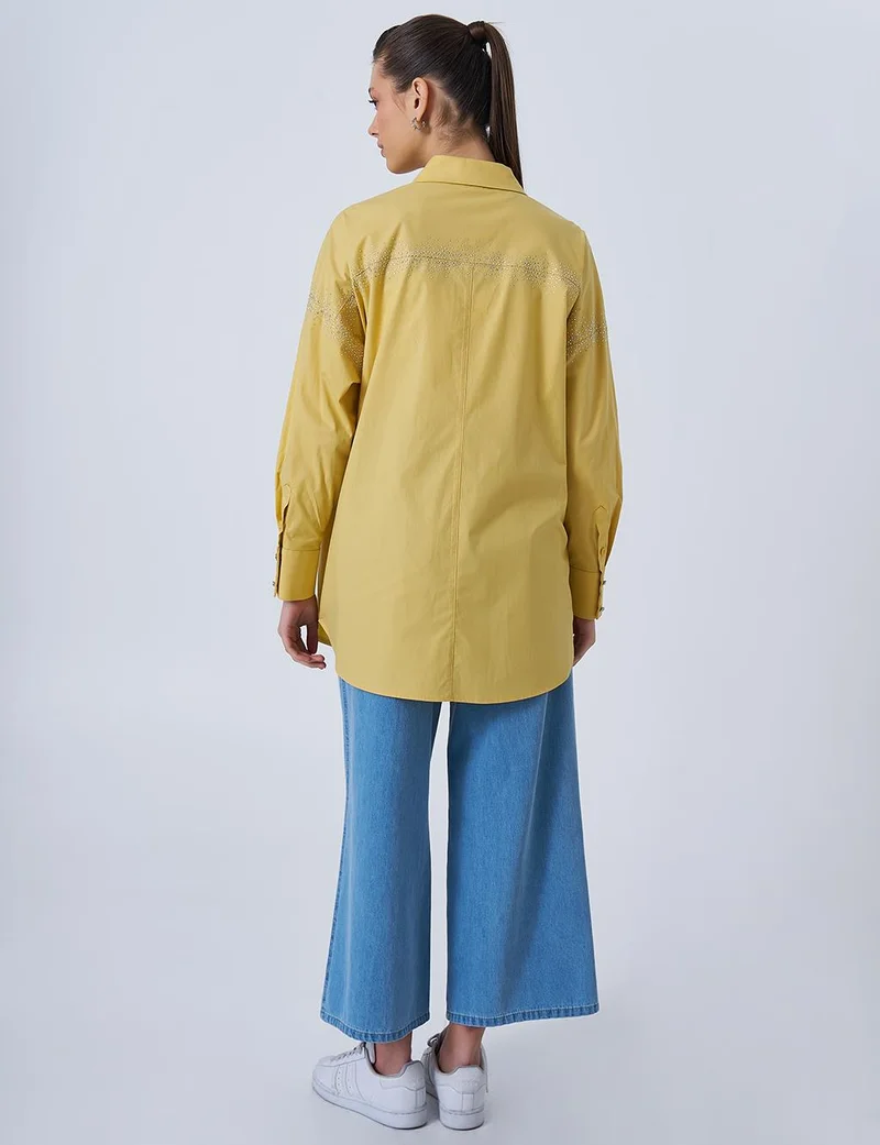 Kayra Wide Cuffed Hotfix Printed Tunic Yellow