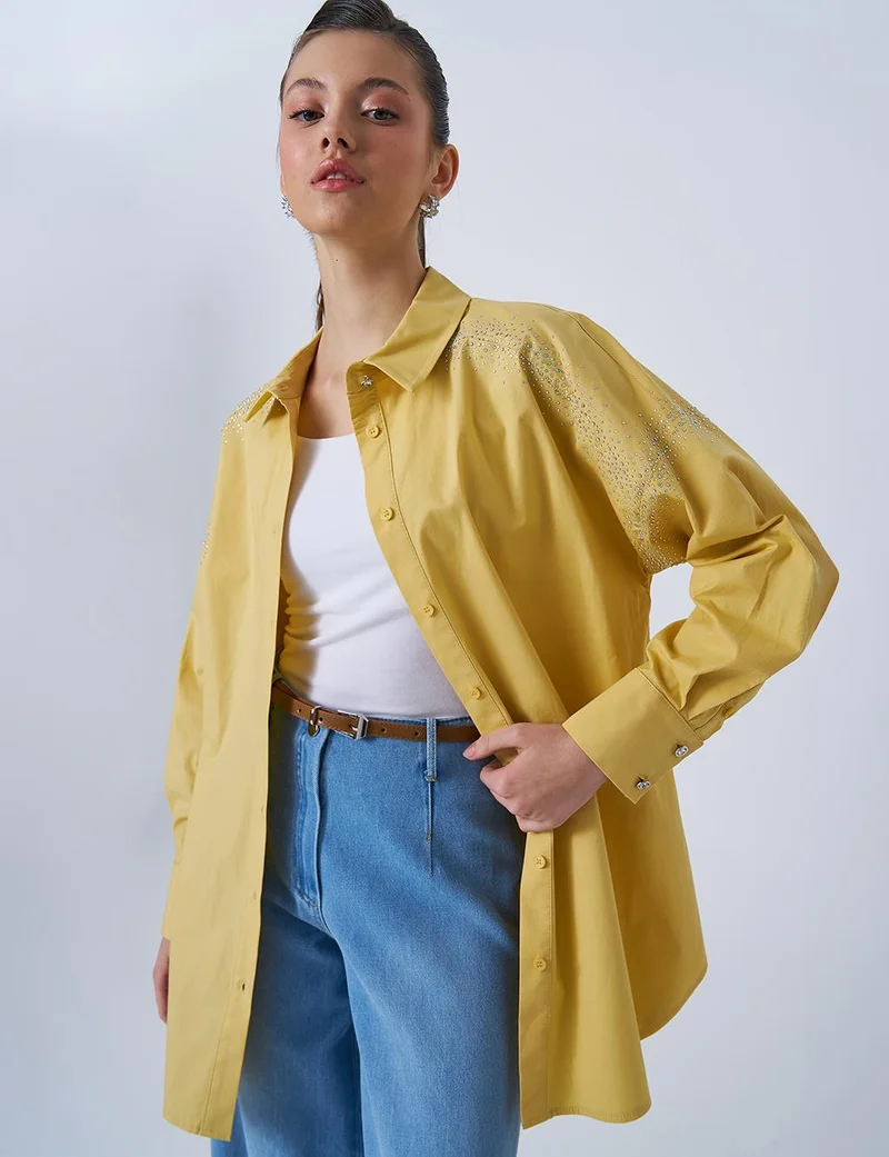 Kayra Wide Cuffed Hotfix Printed Tunic Yellow