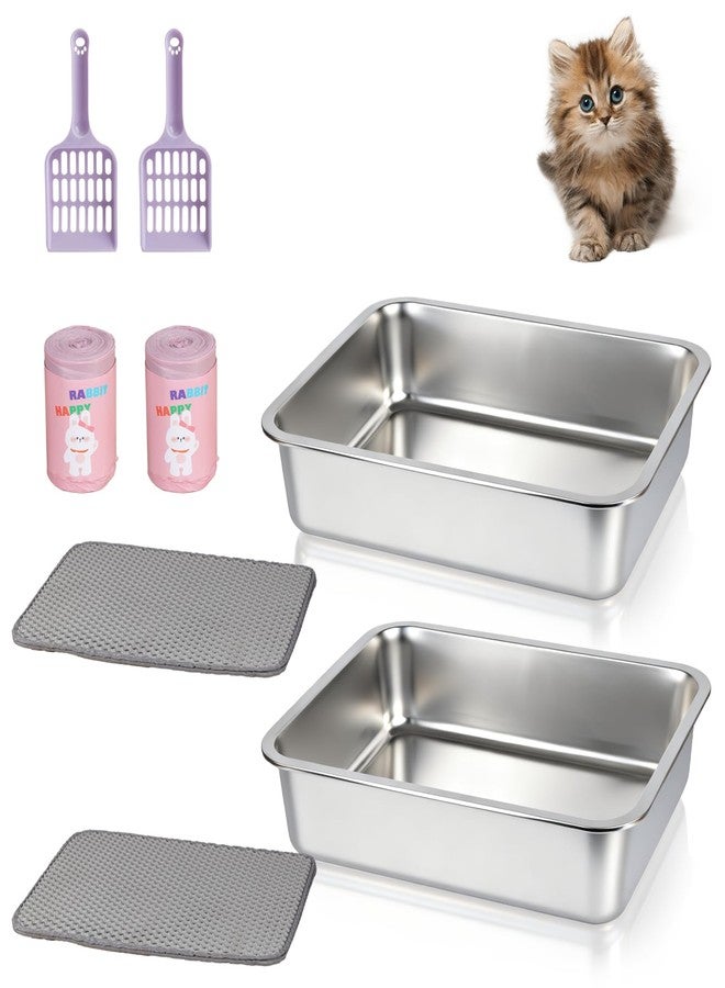 MXCELL Stainless Steel Sifting Cat Litter Box 2 Pack - 17.5" x 13.5" x 4" Metal High Sided Open Top Cat Pan Sifting Non Stick Surface Litterbox Odor Control Non-Clumping with Scoop Litter Mat Trash Bag - Image 1