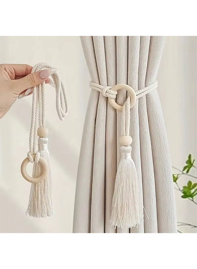 رباط ستائر بوهو شيك 2 قطع، حبل قطني منسوج يدوياً مع إبزيم خشبي، حبل زخرفي بخصلة قابلة للتعديل (بيج) - Image 5