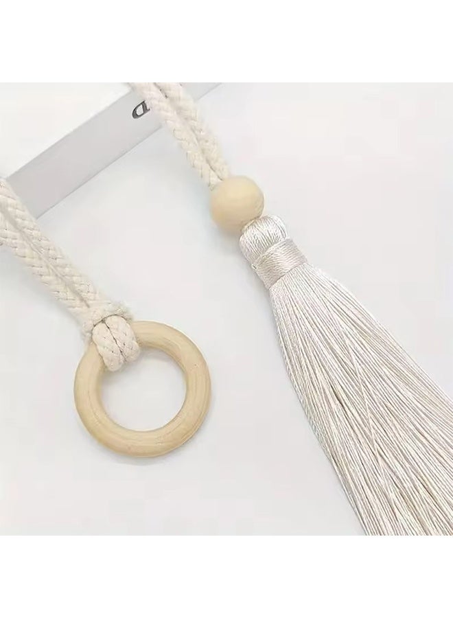 رباط ستائر بوهو شيك 2 قطع، حبل قطني منسوج يدوياً مع إبزيم خشبي، حبل زخرفي بخصلة قابلة للتعديل (بيج) - Image 3