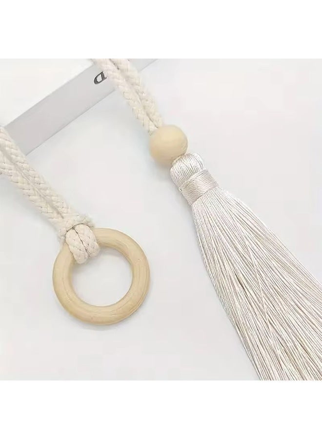 2Pcs Bohemian Chic Cotton Curtain Tiebacks, Hand-Woven Adjustable Rope with Log Loop Buckle, Decorative Curtain Fringe Straps (Beige) - Image 3