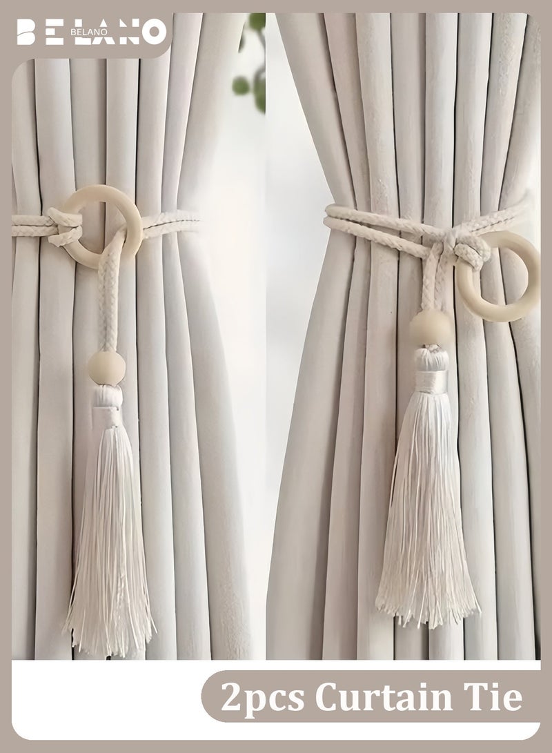 2Pcs Bohemian Chic Cotton Curtain Tiebacks, Hand-Woven Adjustable Rope with Log Loop Buckle, Decorative Curtain Fringe Straps (Beige) - Image 1