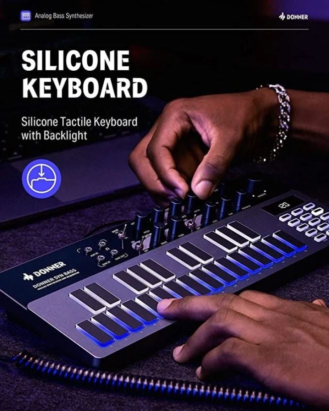 Donner Essential B1 Analog Bass Synthesizer, Monophonic Acid Synth with 16‑Step Sequencer Saturation Delay Effects USB‑C MIDI for Live  Studio - Image 2