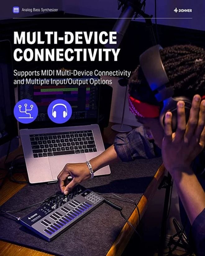 Donner Essential B1 Analog Bass Synthesizer, Monophonic Acid Synth with 16‑Step Sequencer Saturation Delay Effects USB‑C MIDI for Live  Studio - Image 3