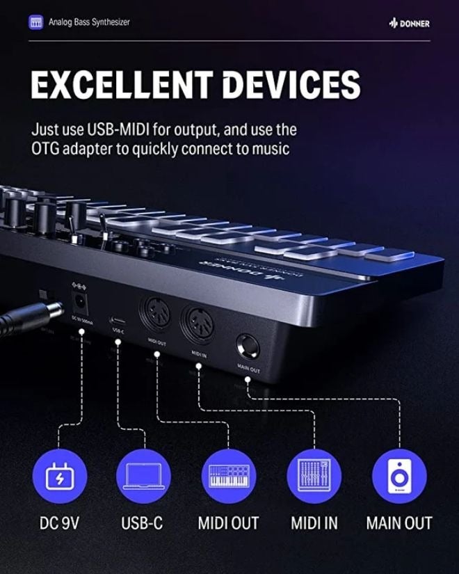 Donner Essential B1 Analog Bass Synthesizer, Monophonic Acid Synth with 16‑Step Sequencer Saturation Delay Effects USB‑C MIDI for Live  Studio - Image 4