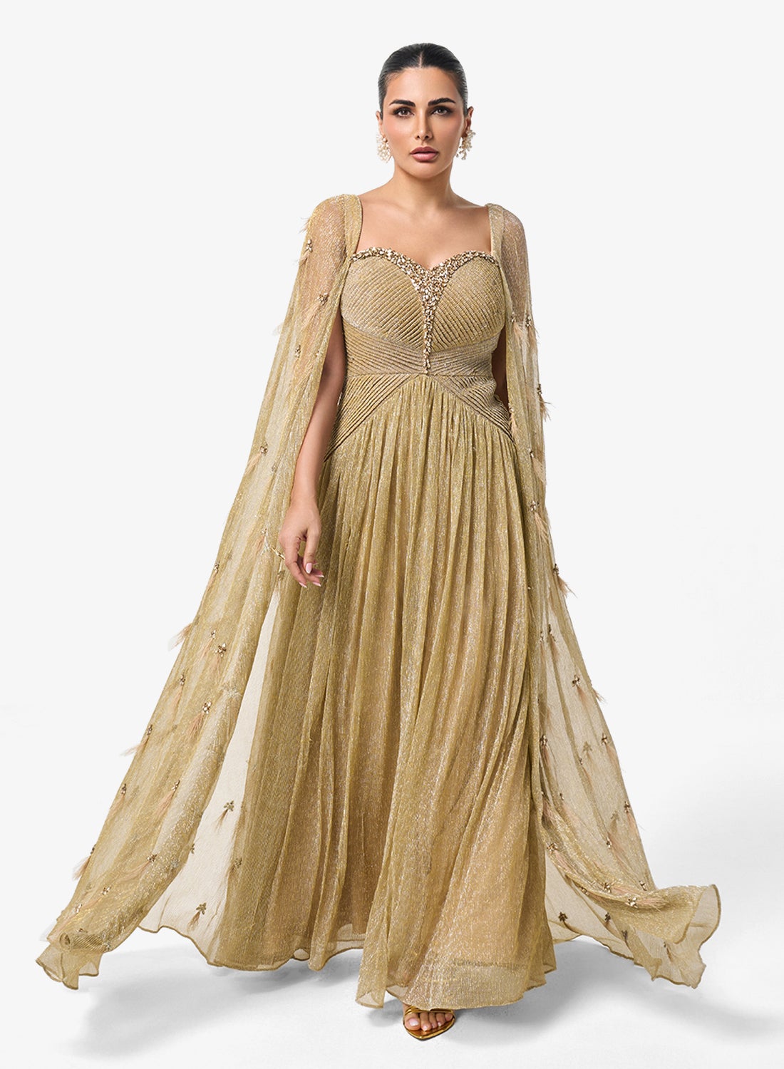 فستان ماكسي بأكمام كاب مزينة