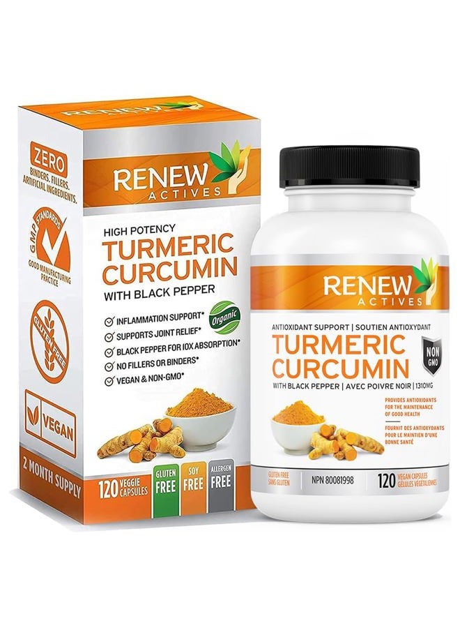 Renew Actives Turmeric Curcumin with Black Pepper – 600MG Turmeric Root, 100MG Curcuminoids per 2 Capsules – Supports Digestion, Liver Health, Joint Relief & Mobility – Made in Canada – 120 Capsules - Image 1
