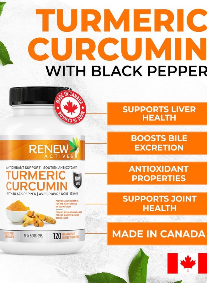 Renew Actives Turmeric Curcumin with Black Pepper – 600MG Turmeric Root, 100MG Curcuminoids per 2 Capsules – Supports Digestion, Liver Health, Joint Relief & Mobility – Made in Canada – 120 Capsules - Image 2