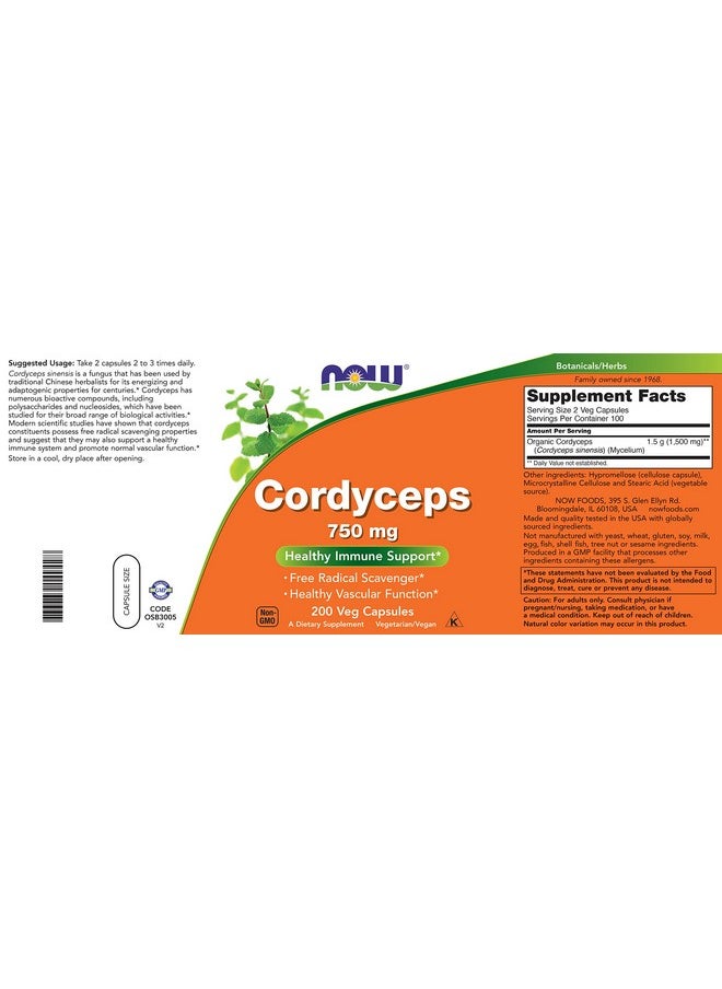 now - Foods Cordyceps 750Mg 200 Veg Caps Organic Cordycep Sinensis Mycelium Mushroom Powder In Non Organic Capsules Vegan Non Gmo - Image 1
