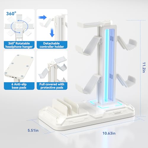 KDD حامل سماعات KDD مع محطة شحن - حامل وحدة تحكم قابل للفصل مع 9 أوضاع إضاءة - شماعة سماعات دوارة مع منافذ شحن USB A&C - خطاف سماعات لتخزين ملحقات ألعاب الكمبيوتر - Image 5