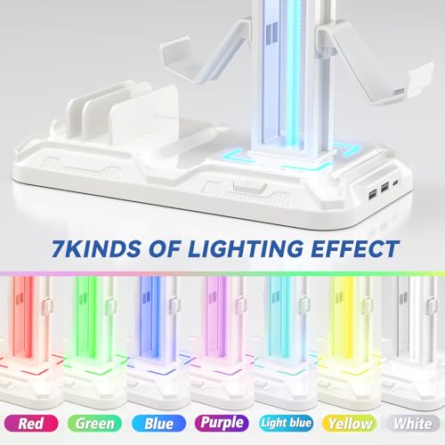 KDD حامل سماعات KDD مع محطة شحن - حامل وحدة تحكم قابل للفصل مع 9 أوضاع إضاءة - شماعة سماعات دوارة مع منافذ شحن USB A&C - خطاف سماعات لتخزين ملحقات ألعاب الكمبيوتر - Image 4