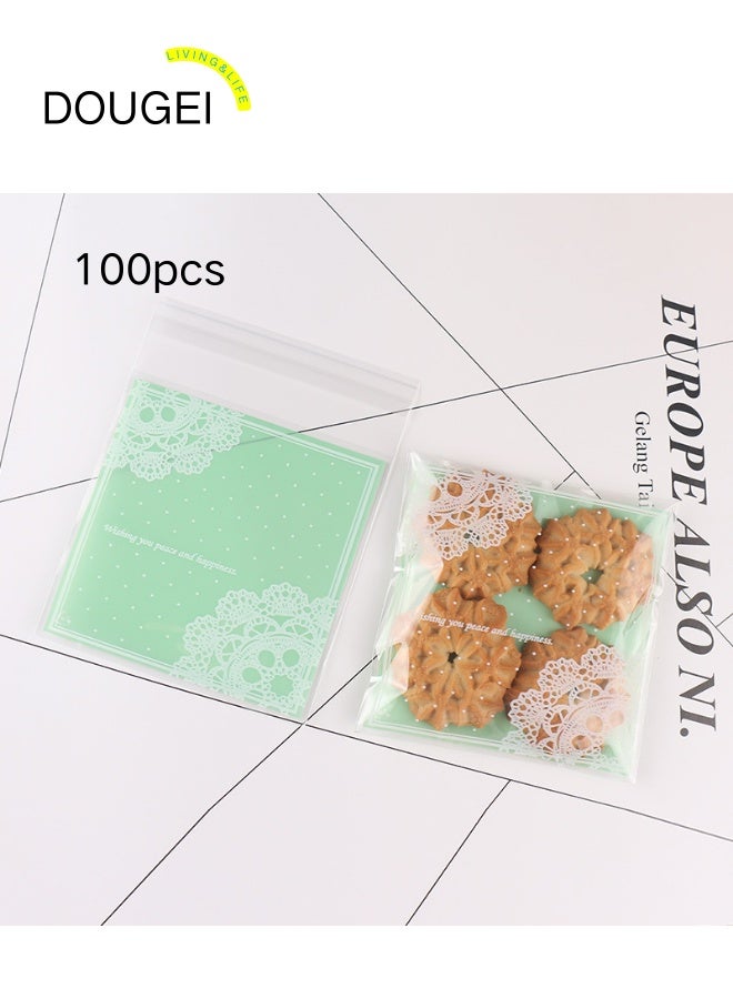 DOUGEI 100pcs Self Adhesive Cellophane Cookie Bags,Lovely Lace  Clear Biscuit Roasting Treat Present DIY Plastic Candy Individual Wrappers Self Adhesive OPP Cookie Bakery Decorating Favor Bags - Image 1