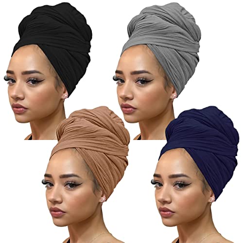 Kachanaa 4 Pieces African Turbans Head Wraps Jersey for Black Women Stretch Scarf Urban Long Solid Color Breathable Soft Head Bands for Sleeping - Image 1
