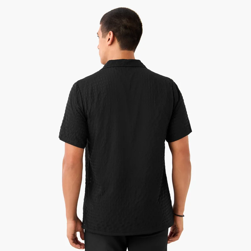 Splash FAV Regular Fit Dobby Textured Shirt with Camp Collar and Short Sleeves