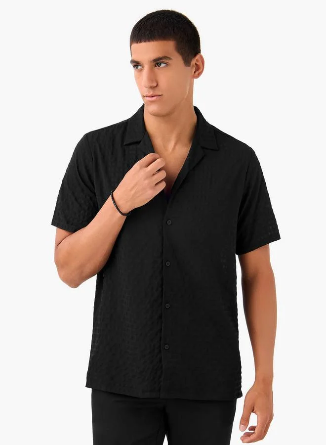 Splash FAV Regular Fit Dobby Textured Shirt with Camp Collar and Short Sleeves