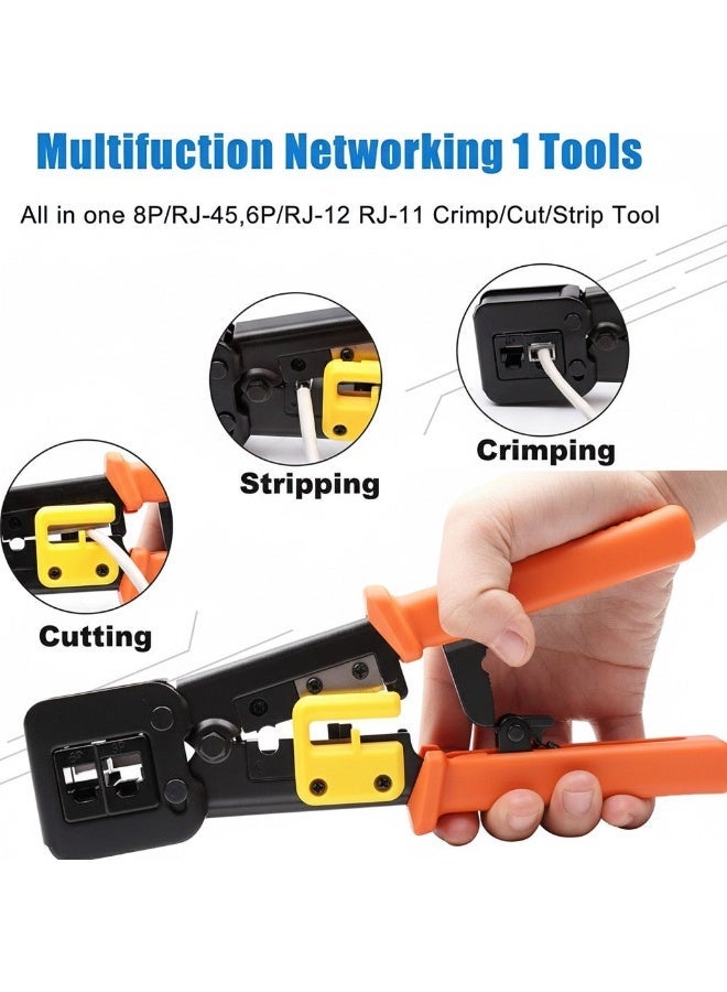 Professional Multifunctional Crimping Tool, RJ45 Cable Cutter, Stripping and Crimping Tool, Orange Non-Slip Handle, for Network Cables and Passthrough Connectors - Image 3