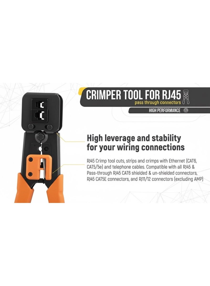 Professional Multifunctional Crimping Tool, RJ45 Cable Cutter, Stripping and Crimping Tool, Orange Non-Slip Handle, for Network Cables and Passthrough Connectors - Image 4