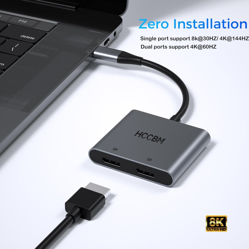 HCCBM USB C to Dual DisplayPort(DP) Adapter Splitter 8K, Dual Monitor Adapter for Dell HP Surface Laptops,Type C to 2 DP Hub Dongle 8K@30hz/ 4K@144HZ - Image 1