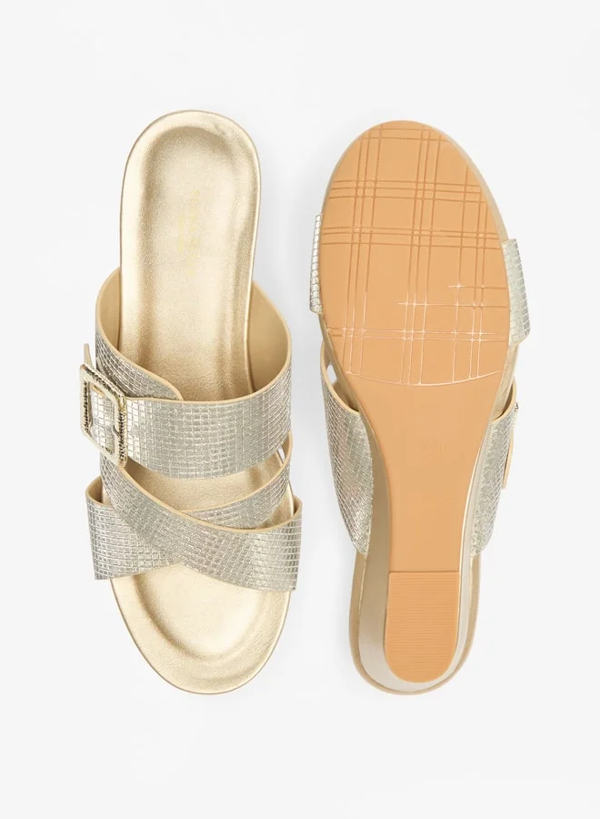 Flora Bella By Shoexpress Women's Textured Cross Strap Slide Sandals With Buckle Accent And Wedge Heels Ramadan Collection