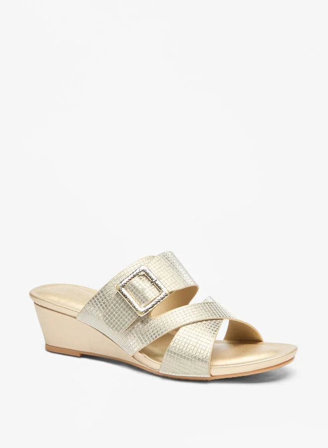 Flora Bella By Shoexpress Women's Textured Cross Strap Slide Sandals With Buckle Accent And Wedge Heels Ramadan Collection