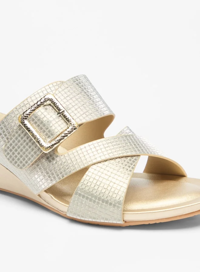 Flora Bella By Shoexpress Women's Textured Cross Strap Slide Sandals With Buckle Accent And Wedge Heels Ramadan Collection
