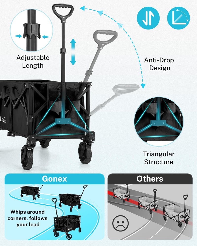Gonex 38''L Collapsible Foldable Wagon Cart with 360lbs Weight Capacity,220L Folding Utility Garden Cart with Detachable Wheels for Grocery Sports Shopping Camping - Black - Image 5