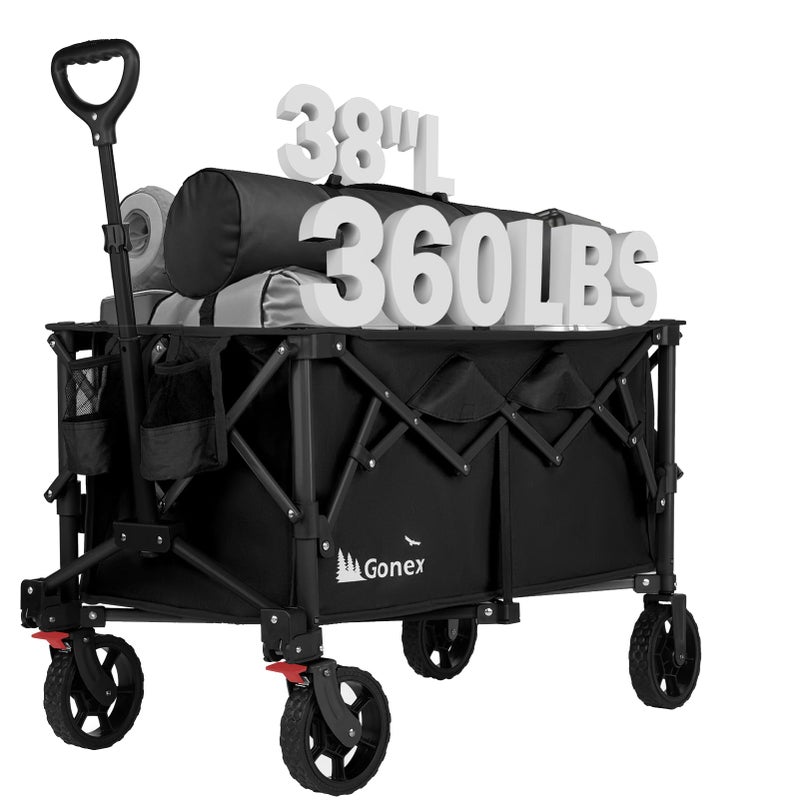 Gonex 38''L Collapsible Foldable Wagon Cart with 360lbs Weight Capacity,220L Folding Utility Garden Cart with Detachable Wheels for Grocery Sports Shopping Camping - Black - Image 1
