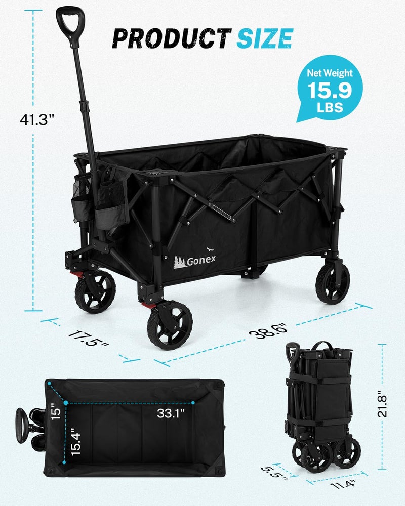 Gonex 38''L Collapsible Foldable Wagon Cart with 360lbs Weight Capacity,220L Folding Utility Garden Cart with Detachable Wheels for Grocery Sports Shopping Camping - Black - Image 2