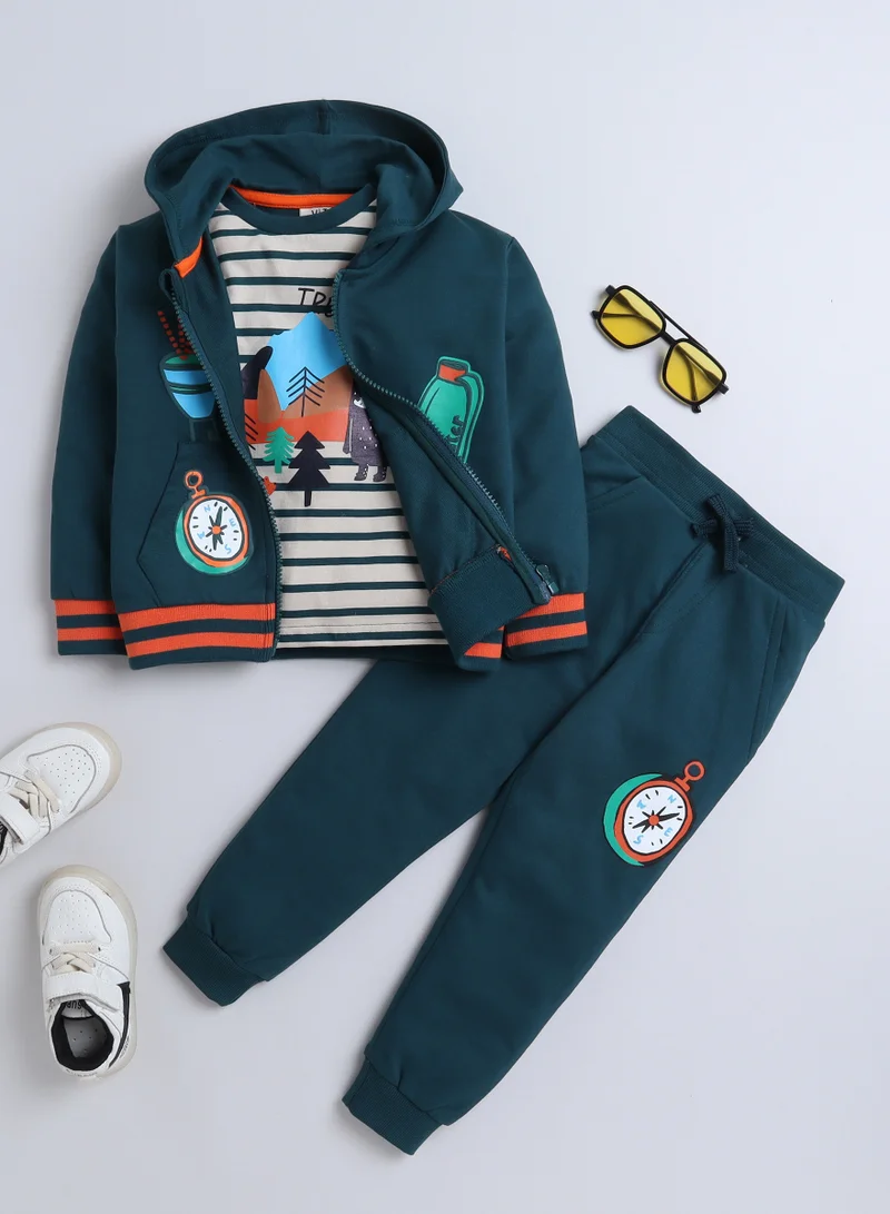 victor and jane Boys' 3-Piece Set - Stripe Long tee, Dark Green fullzipper Hoody Jacket and Dark Green Jogger sets ,