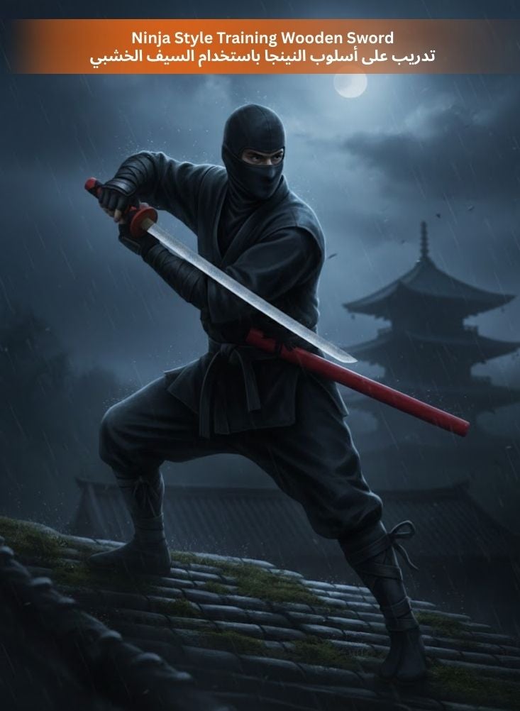 بريميم مجموعة سيوف كاتانا خشبية للأطفال بتصميم شخصية محارب ساموراي صغير - سيف تدريب خشبي بمقبض أحمر مع غمد للعب دور مقاتل النينجا، وإكسسوار زي الساموراي للأطفال - Image 5