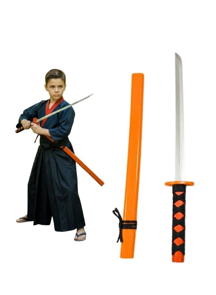 بريميم مجموعة سيوف كاتانا خشبية للأطفال بتصميم شخصية محارب ساموراي صغير - سيف تدريب خشبي بمقبض أحمر مع غمد للعب دور مقاتل النينجا، وإكسسوار زي الساموراي للأطفال - Image 1