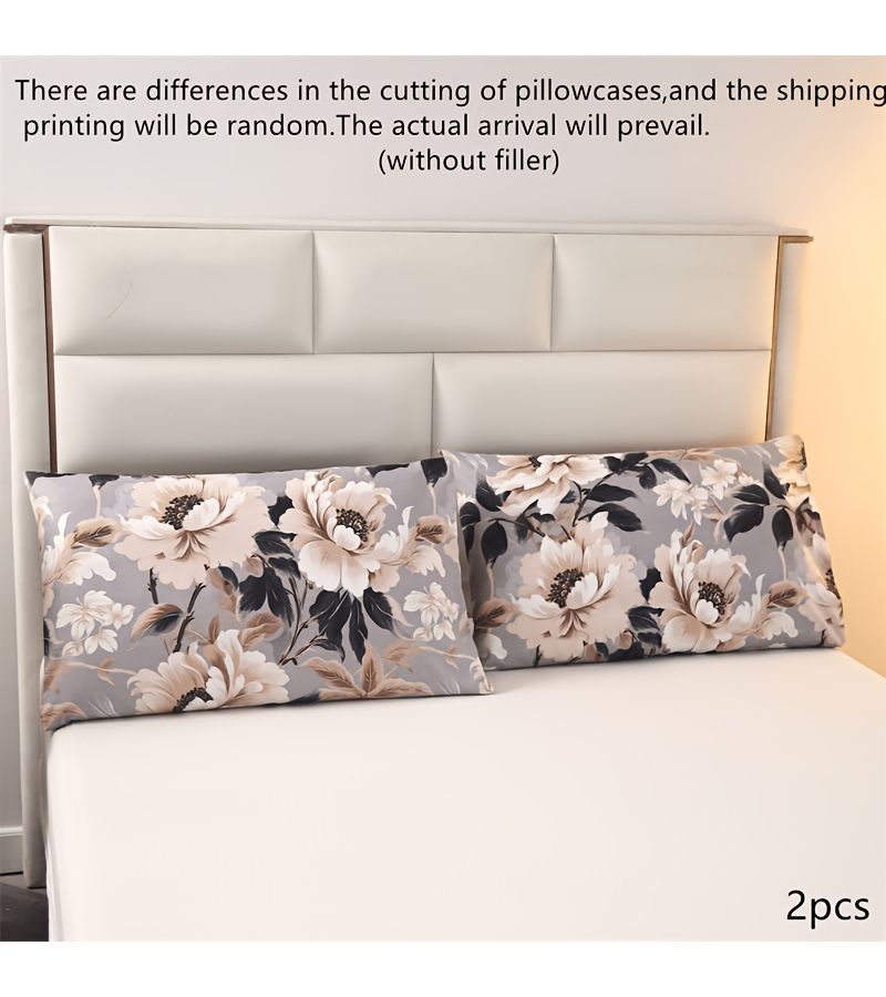 Botanical Floral Print Queen Pillowcase Pair 50x75cm Hibiscus Brown Soft Texture Skin Friendly Breathable Two Pillowcases No Filling - Image 1