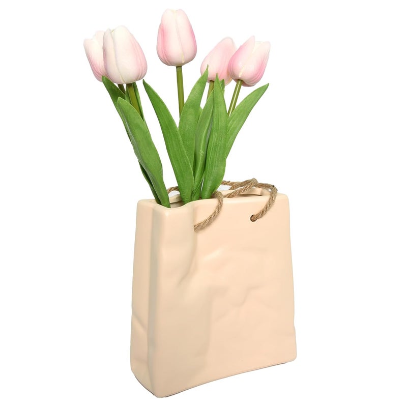 Cortina Cortina Ceramic Flower Vase for Home Decor Flower Vase for Dining Table Yellow Hand Bag Shaped Decorative Ceramic Vase Aesthetic Flower Vase for Office 16x18 CM Golden21 Pc  - Image 1