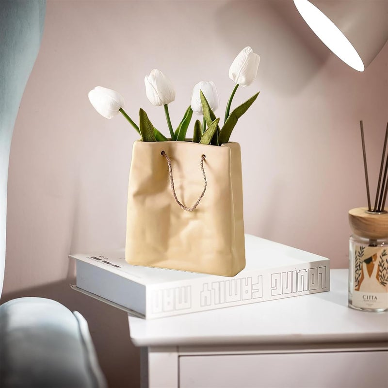 Cortina Cortina Ceramic Flower Vase for Home Decor Flower Vase for Dining Table Yellow Hand Bag Shaped Decorative Ceramic Vase Aesthetic Flower Vase for Office 16x18 CM Golden21 Pc  - Image 2
