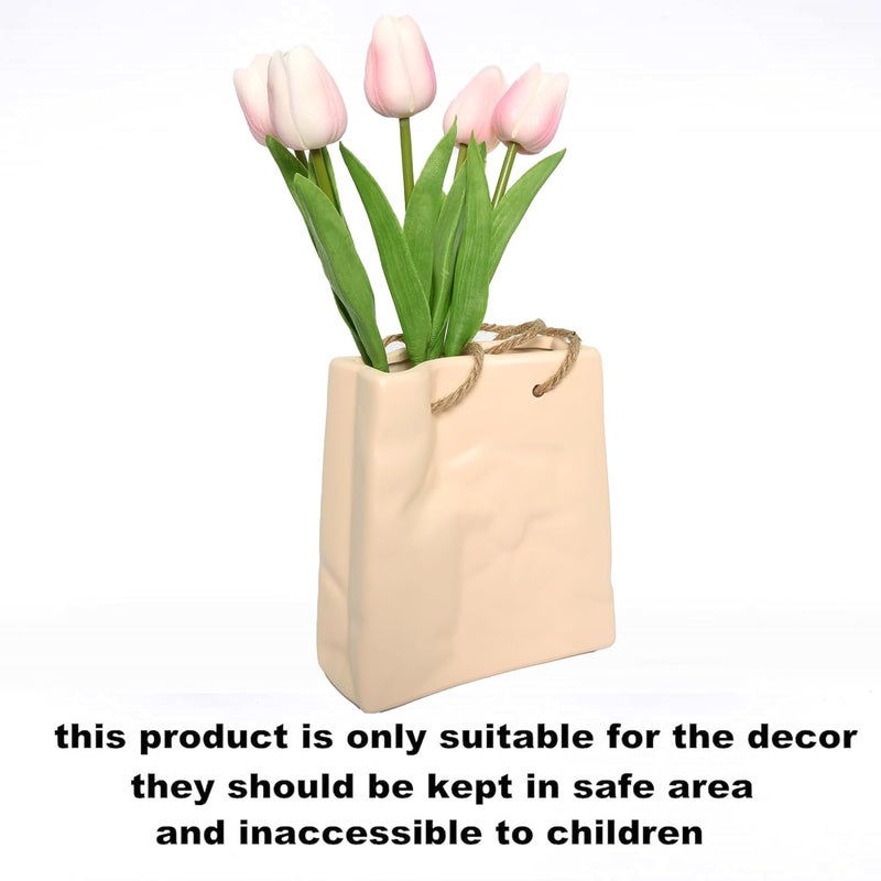 Cortina Cortina Ceramic Flower Vase for Home Decor Flower Vase for Dining Table Yellow Hand Bag Shaped Decorative Ceramic Vase Aesthetic Flower Vase for Office 16x18 CM Golden21 Pc  - Image 5