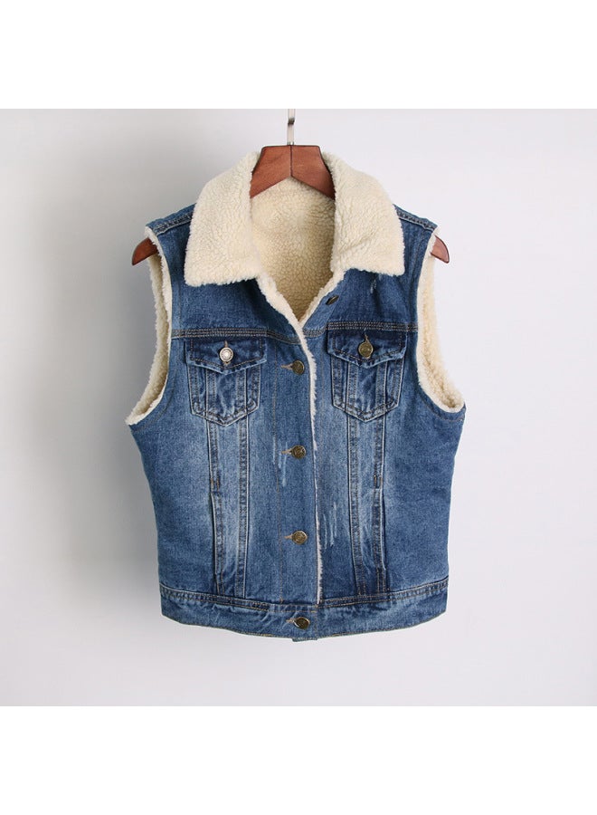 Autumn And Winter Korean-style Slim-fit Lamb Wool Thickened Sleeveless Denim Vest Women's Short Cotton Vest Waistcoat