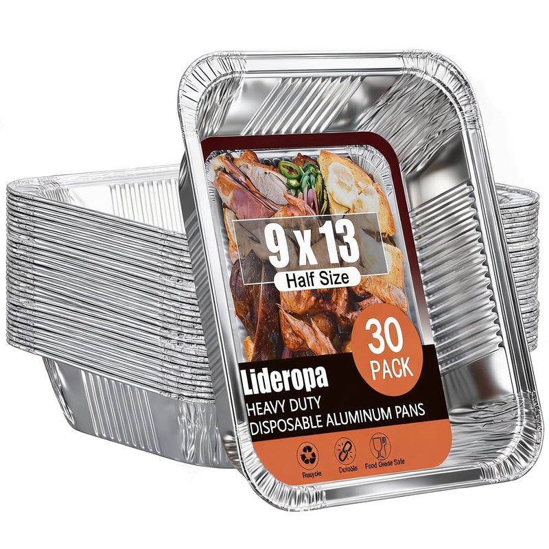 Lideropa Half Size Aluminum Pans - 30 Pack 9x13 Inch Aluminum Foil Pans, Heavy Duty Disposable Aluminum Pans for Cooking, Storing, Prepping, and Freezing Food - Image 1