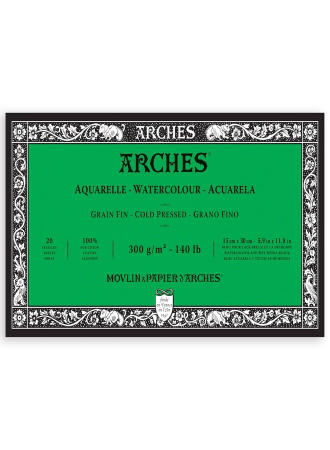 Arches كتلة ألوان مائية من أرش، مضغوطة باردة، 140 رطل/300 جرام لكل متر مربع، 20 ورقة، 5.9x11.8 بوصة، ورق ألوان مائية من أرش 100% قطن - Image 1